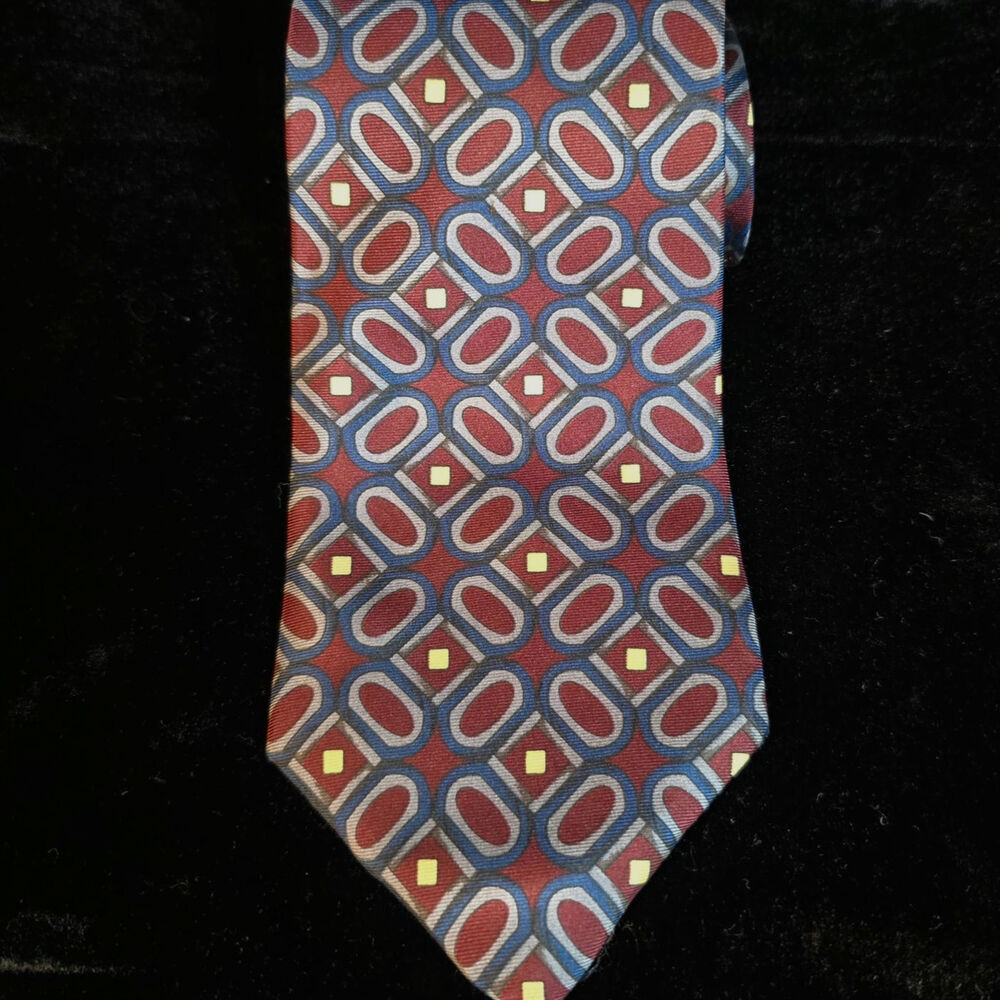 Mario Valentino Mens Italian Silk Tie Burgundy 
& Blue Pattern 4" Wide Career